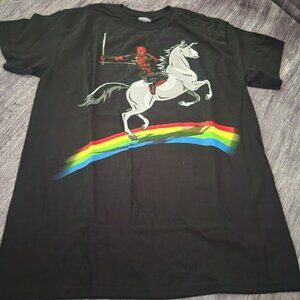 Marvel Deadpool Unicorn Rainbow Graphic T-Shirt Black Cotton Shoet Sleeve Medium